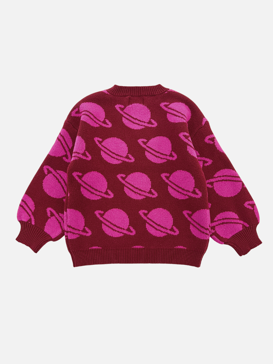 Maroon | Introducing the SPACE CAMP SWEATER: A red sweater featuring a repeating pattern of pink Saturn-like planets. For detailed measurements and more photos, please refer to the product description.