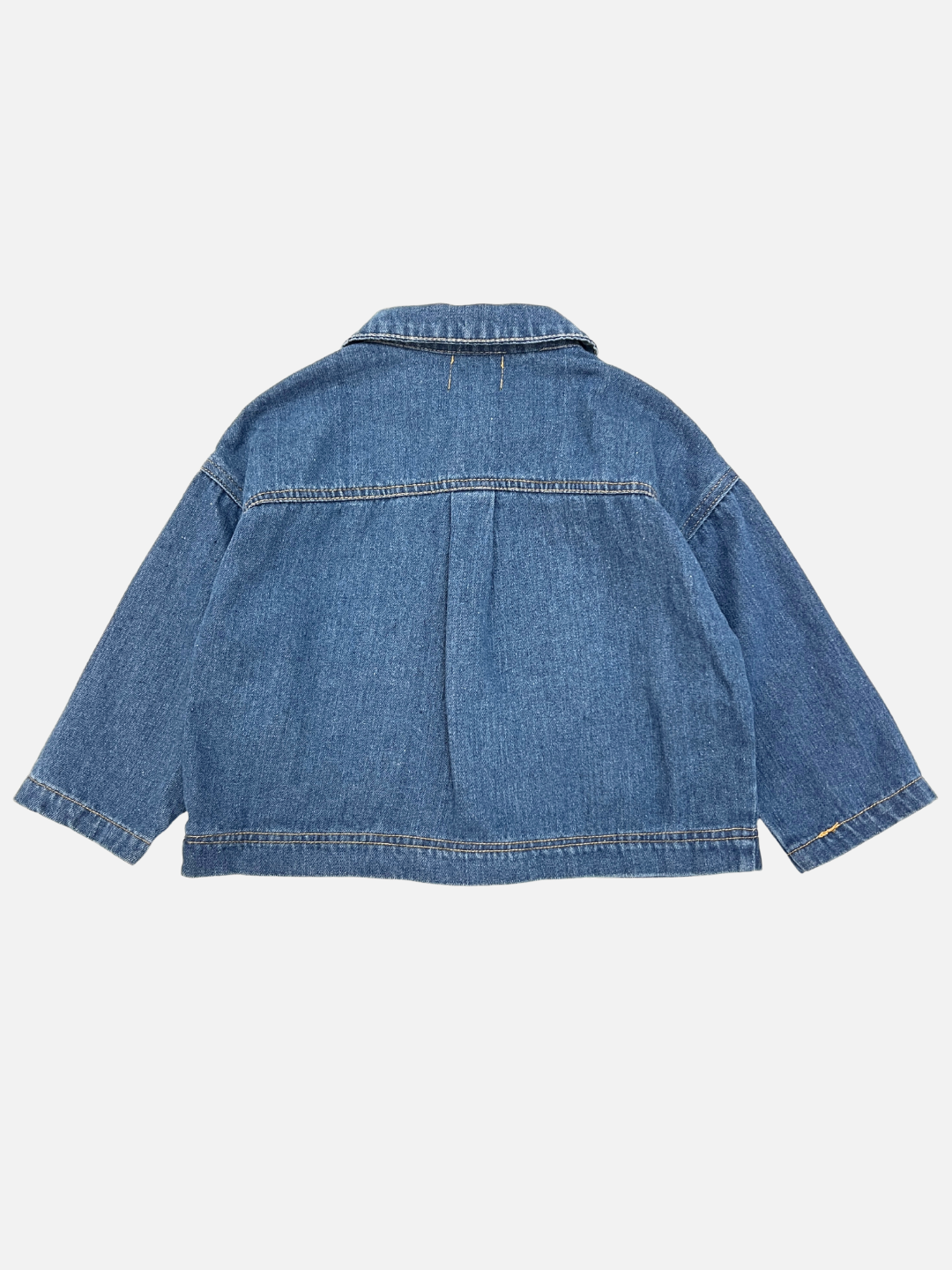 Back vie of the Blue denim jacket on a light gray background