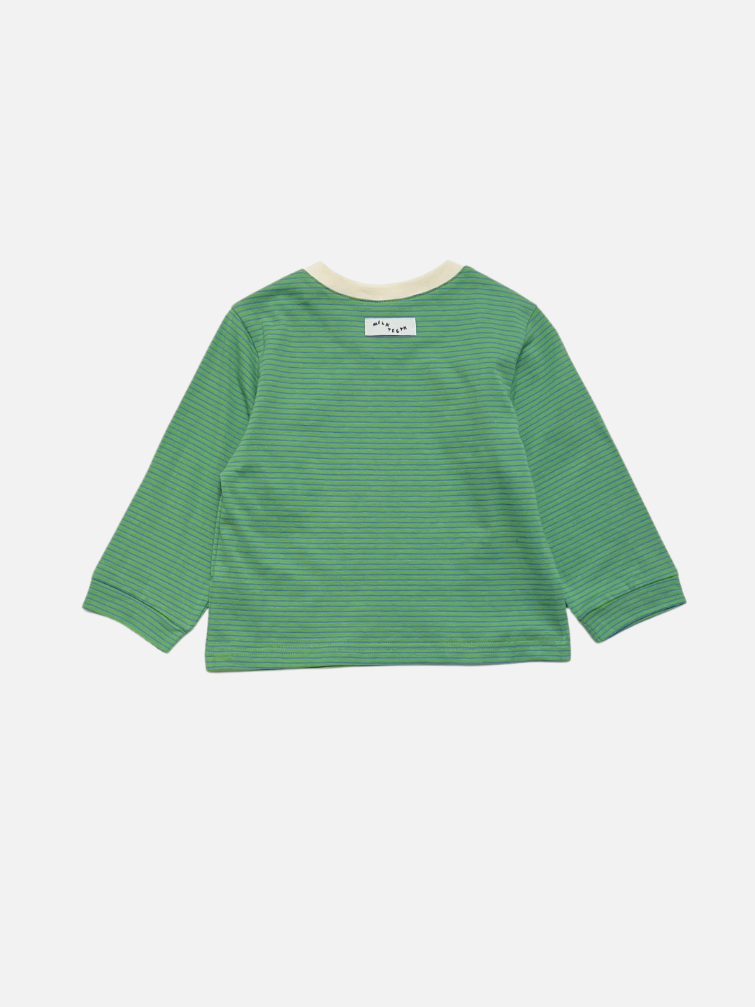 The BABY STRIPE LONGSLEEVE is a green long-sleeve shirt with thin horizontal stripes, shown from the back and featuring a white label near the neckline. Made from soft cotton jersey, this baby and toddler basic is designed for easy dressing and everyday comfort.
