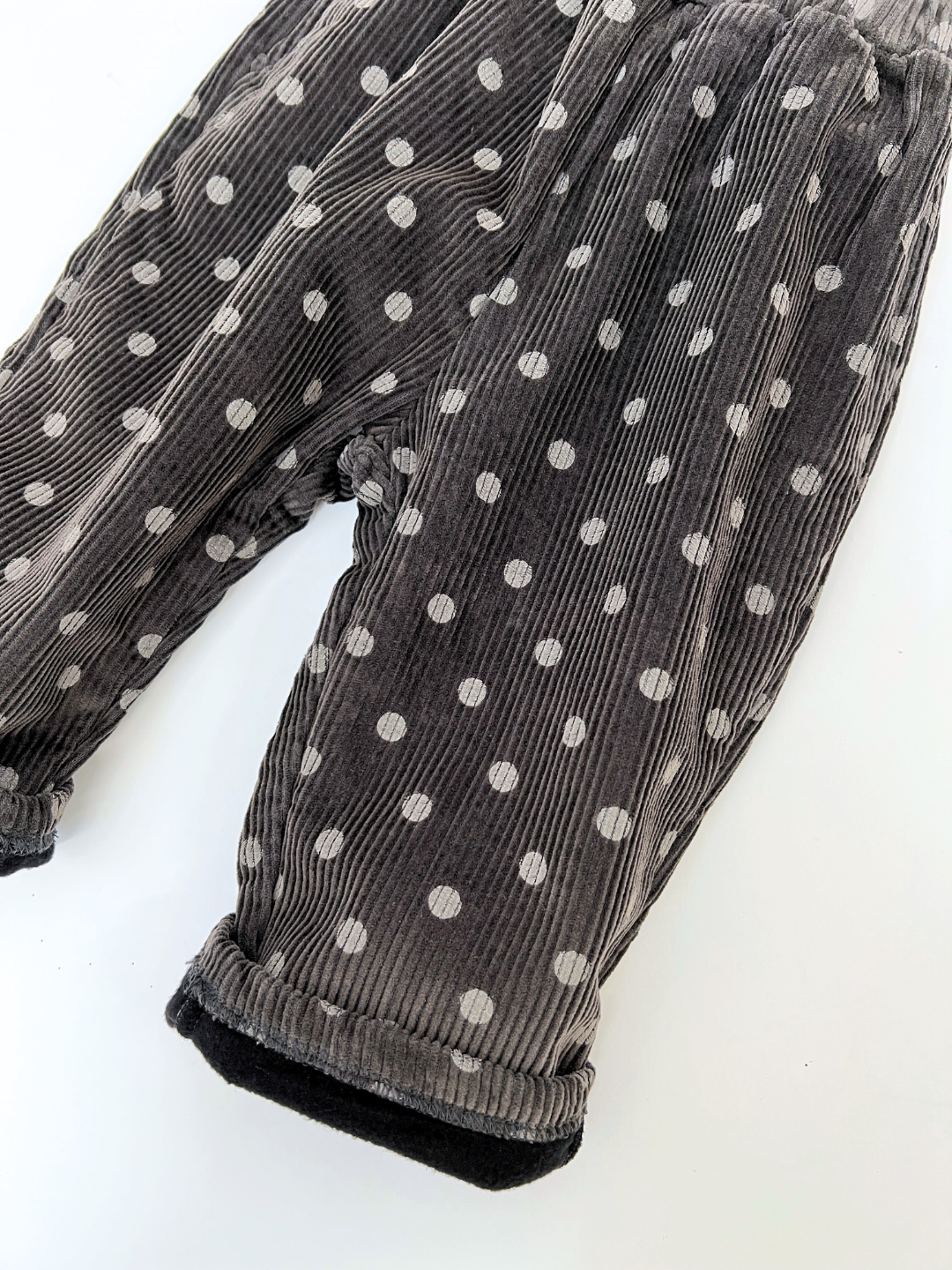 Charcoal | The FLEECE-LINED DOT CORDS, a stylish piece from a Korean kids brand, are displayed on a plain background.