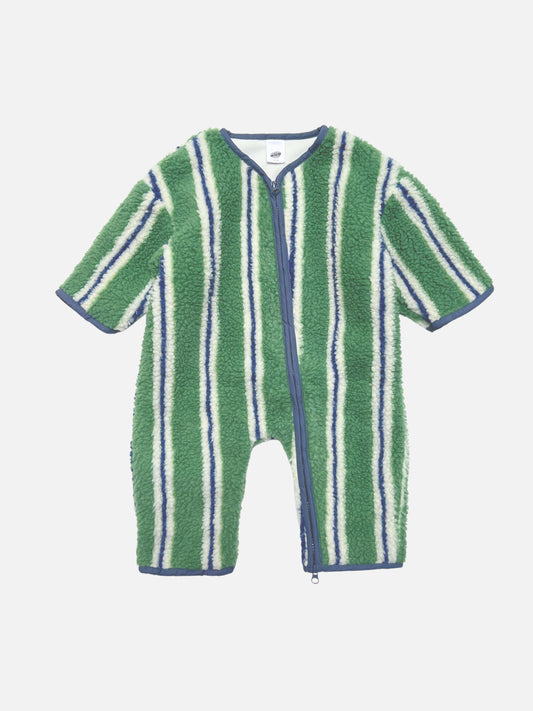 Image of STRIPE SHERPA FLEECE STROLLER SUIT, a long-sleeve baby jumpsuit with green, white, and blue vertical stripes and a front zipper.
