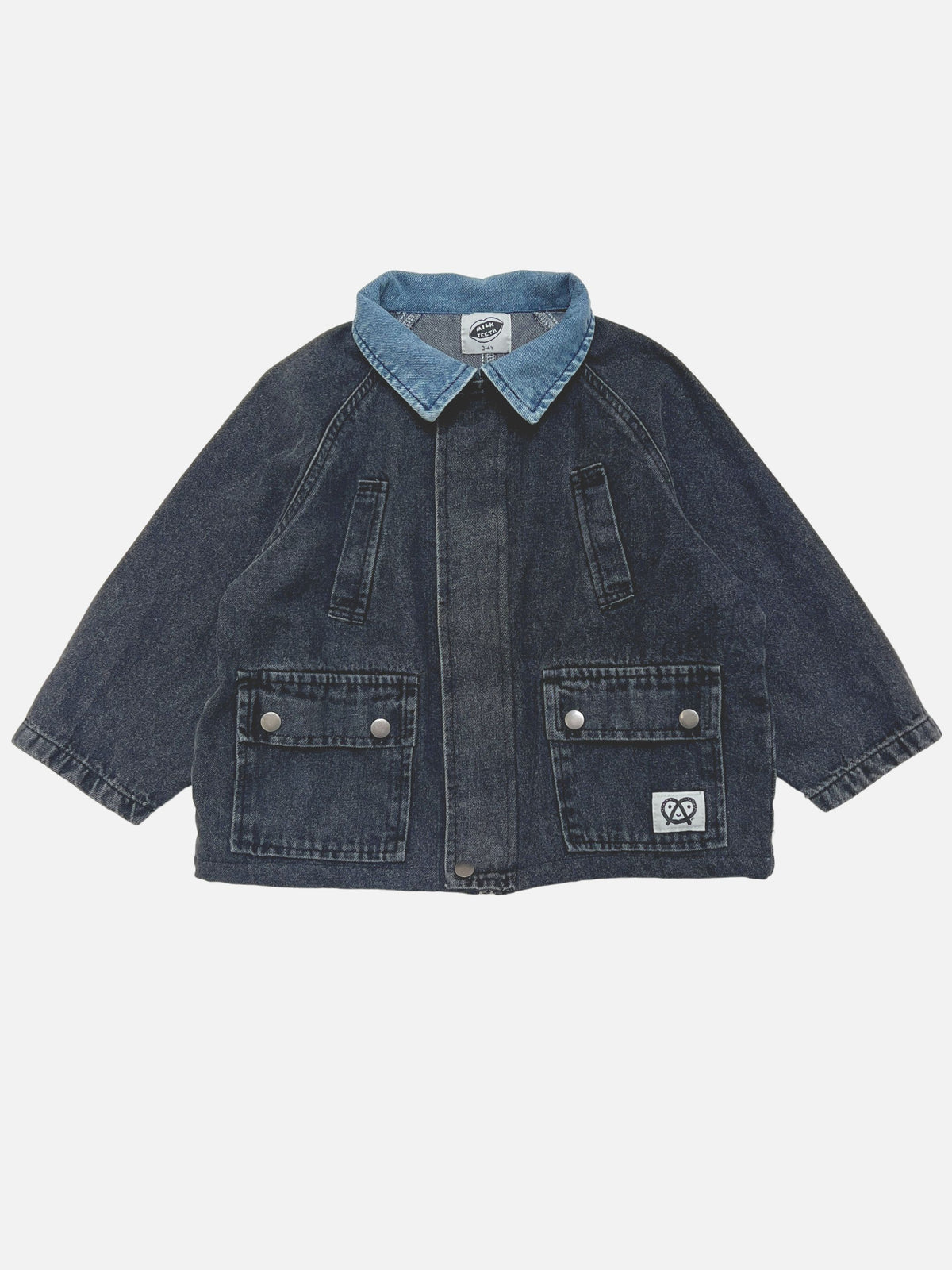 A children's dark wash denim jacket with a contrasting light blue denim collar, shown flat against a light gray background.