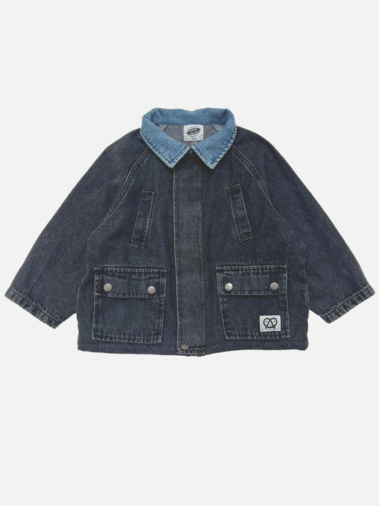Image of Charcoal | A children's dark wash denim jacket with a contrasting light blue denim collar, shown flat against a light gray background.