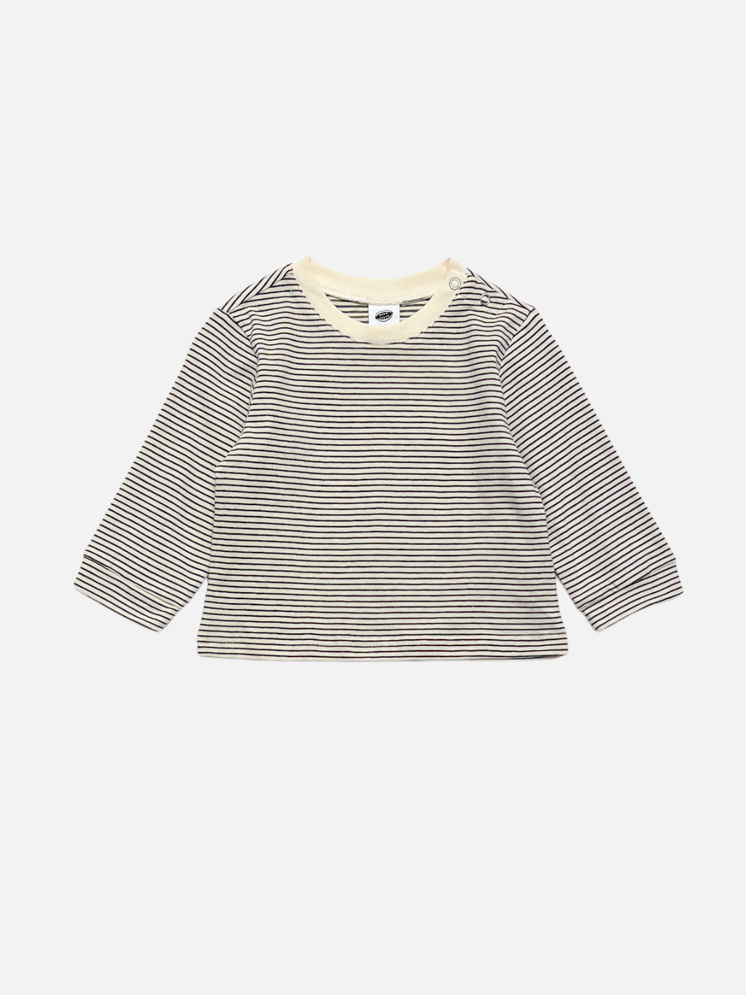 The BABY STRIPE LONGSLEEVE is a soft cotton jersey top for babies and toddlers, featuring classic white and black stripes with a cream crew neckline, shown against a plain white background.