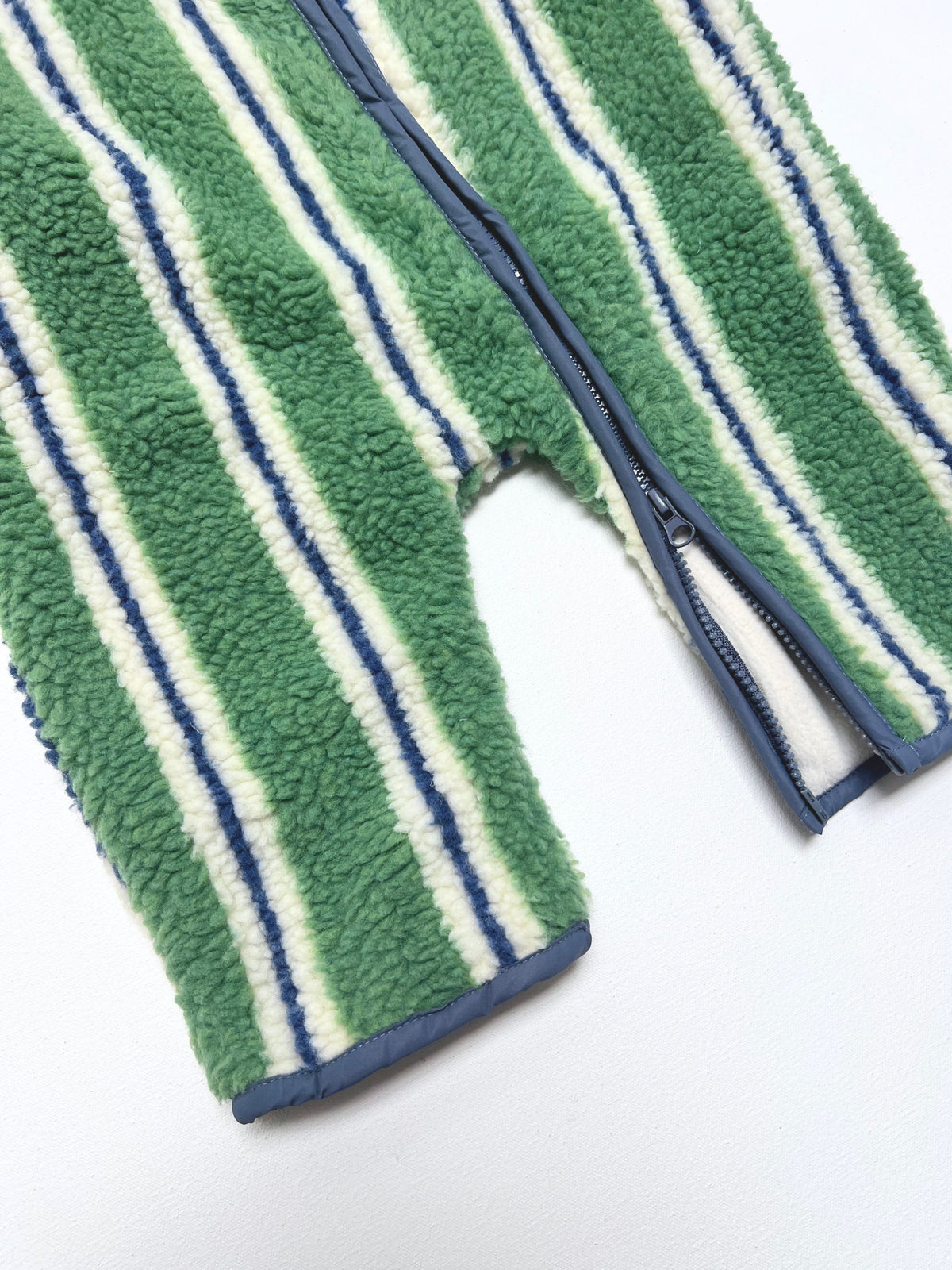 Green, white, and blue striped STRIPE SHERPA FLEECE STROLLER SUIT with a front zipper.