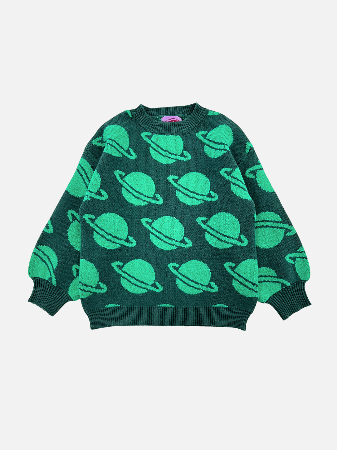 Green | The SPACE CAMP SWEATER features a repeating pattern of large green planets with rings on a dark green background. For more details, please refer to the description and measurements in the photos provided.