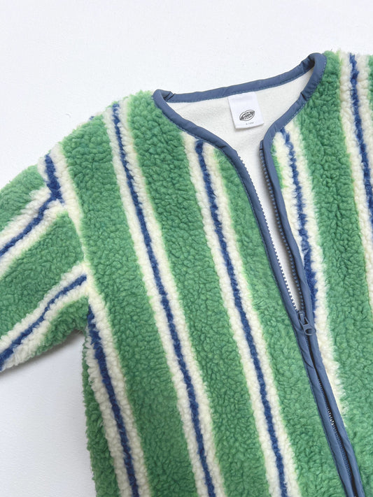 Second image of STRIPE SHERPA FLEECE STROLLER SUIT, a long-sleeve baby jumpsuit with green, white, and blue vertical stripes and a front zipper.
