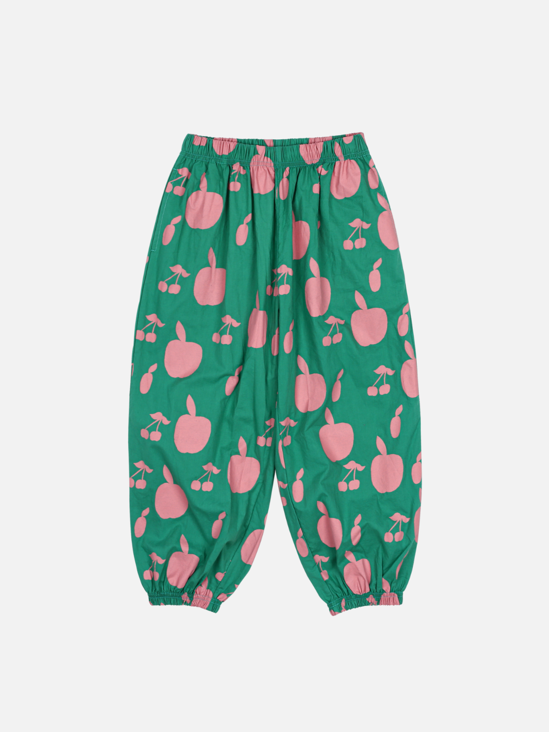 FRUIT LOUNGE PANTS are green with an elastic waistband and cuffs, featuring pink apple and cherry patterns.