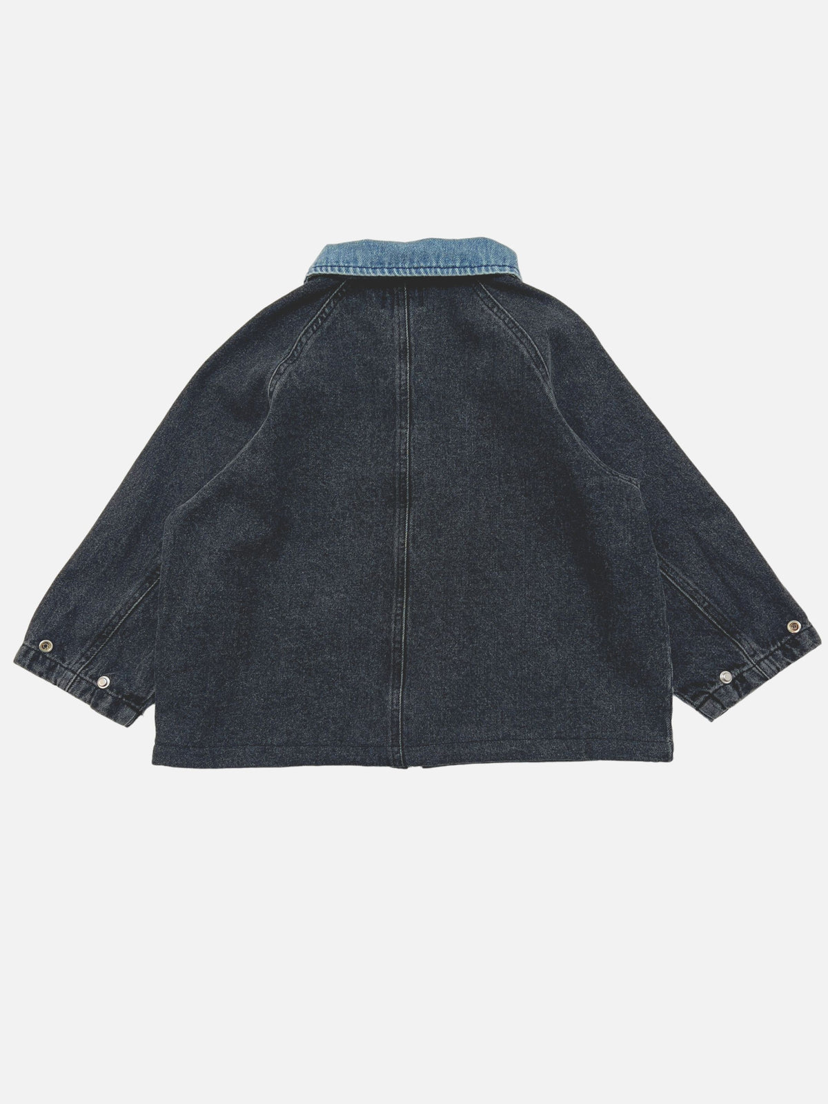 A dark grey denim jacket shown from the back, featuring a light blue denim collar and buttoned cuffs, laid flat against a light gray background.