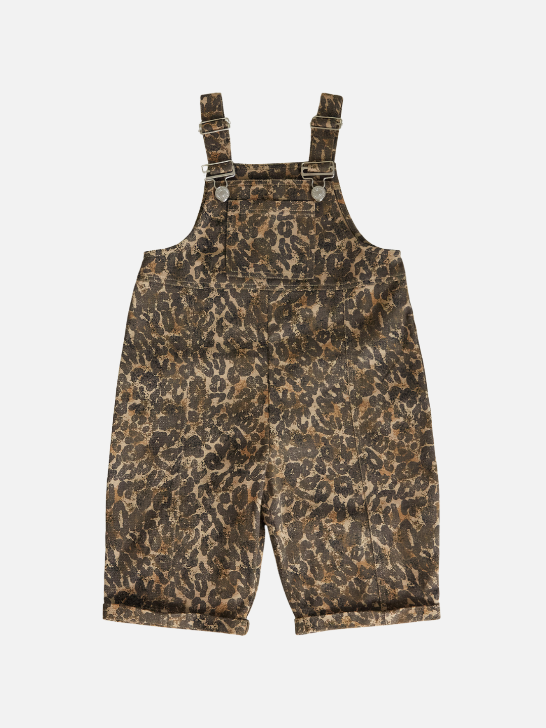 The BLYTHE LEOPARD DUNGAREE features brown leopard print, adjustable shoulder straps, and front metal buckles, displayed flat on a white background. Shipping costs may apply.