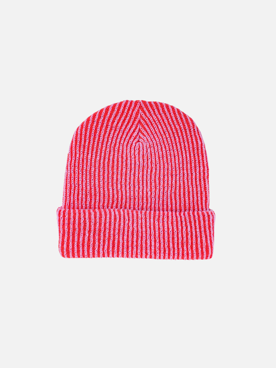 Front view of a bright pink ribbed beanie for big kids and adults, with a ribbed cuff. The ribbed texture reveals a second yarn color that's lilac pink.