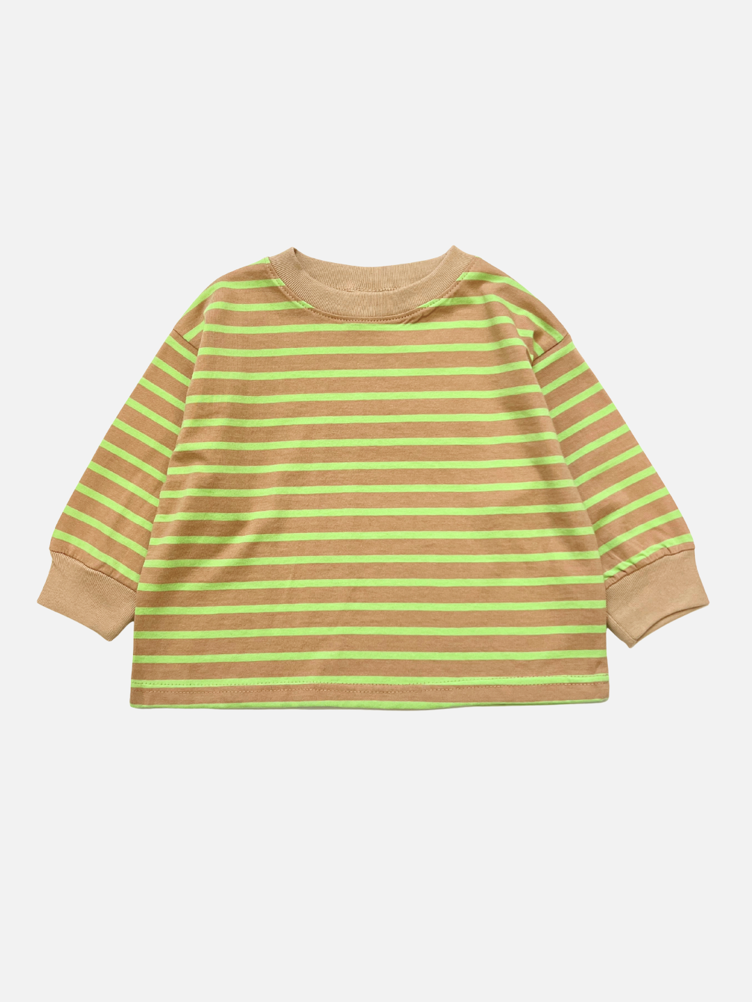 The BAILEY STRIPE LONGSLEEVE features soft cotton with brown and green horizontal stripes, a tan collar and cuffs, in Lime/Sand. Shown on a white background. From a popular Korean kids brand.