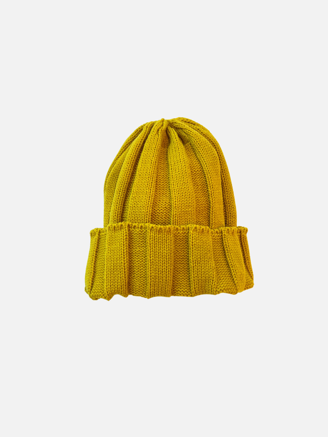A kids' knitted beanie in mustard yellow