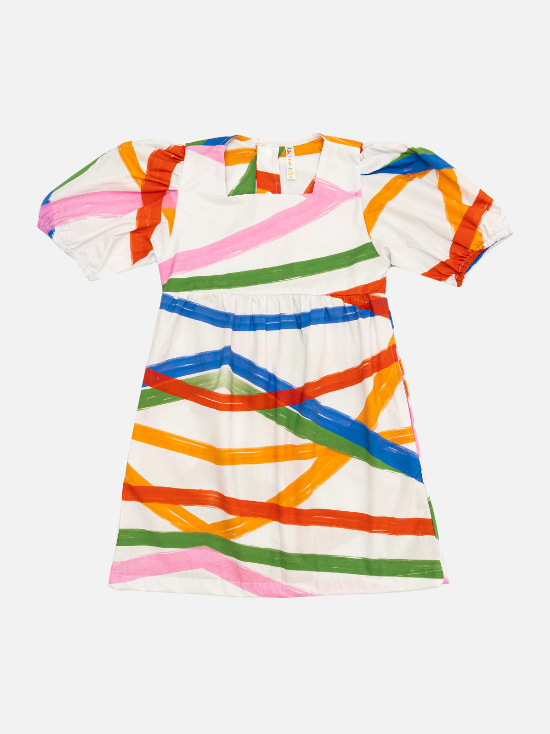 Colors | A front view of the kid's Glow dress with an all-over color stripe print