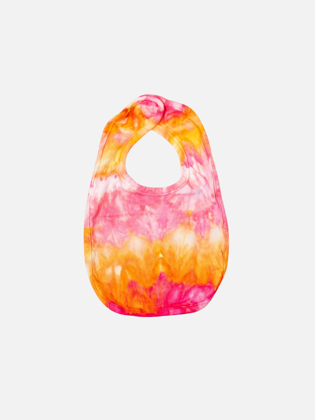 Golden Hour | Introducing the ICED-DYED BABY BIB in Golden Hour, showcasing a stunning pink, orange, and yellow tie-dye pattern against a crisp white background. This handmade baby accessory brings a touch of style to your little one's outfits.