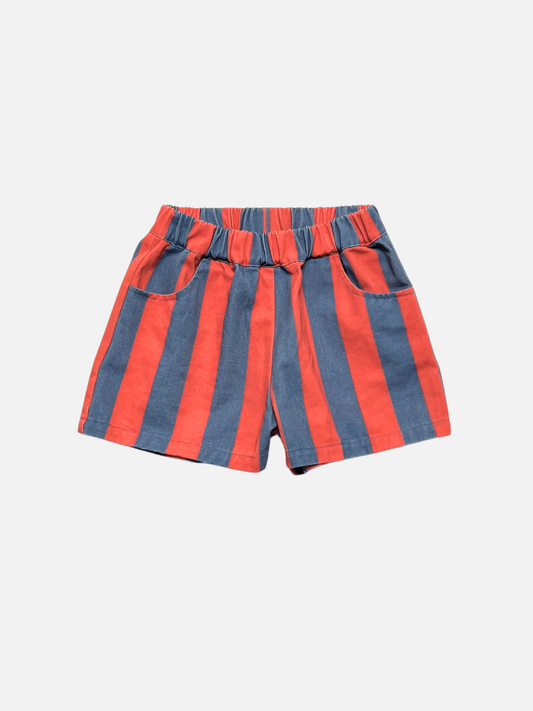 Image of Front view of red and blue striped kids shorts on a light gray background