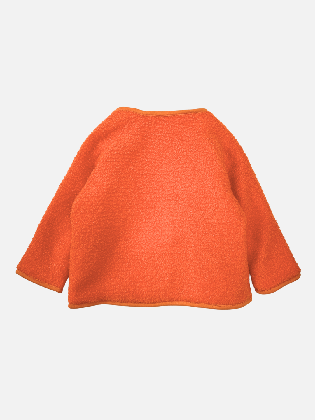 Tangerine | Back view of a kids orange collarless fleece jacket.