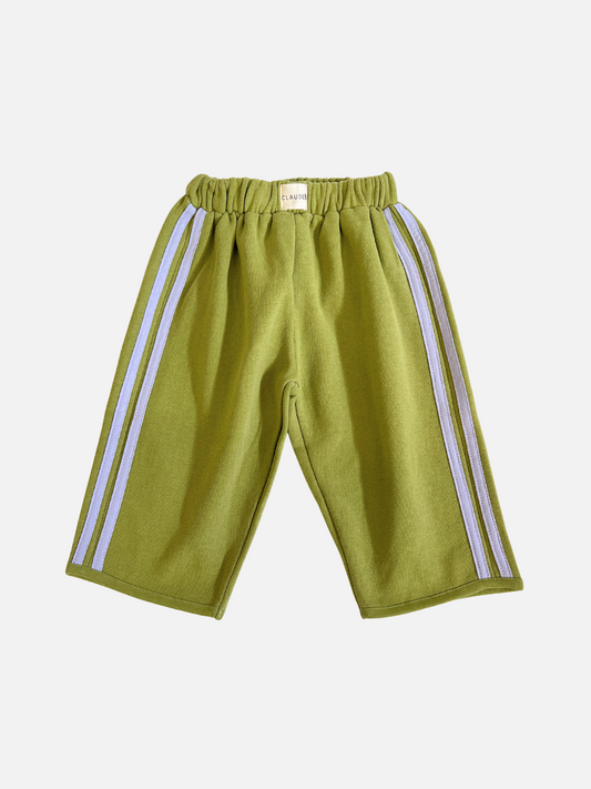 Image of ALVIE MATCHA SWEATPANT: Olive green wide-leg children's pants with an elastic waistband and white side stripes, shown against a plain white background.
