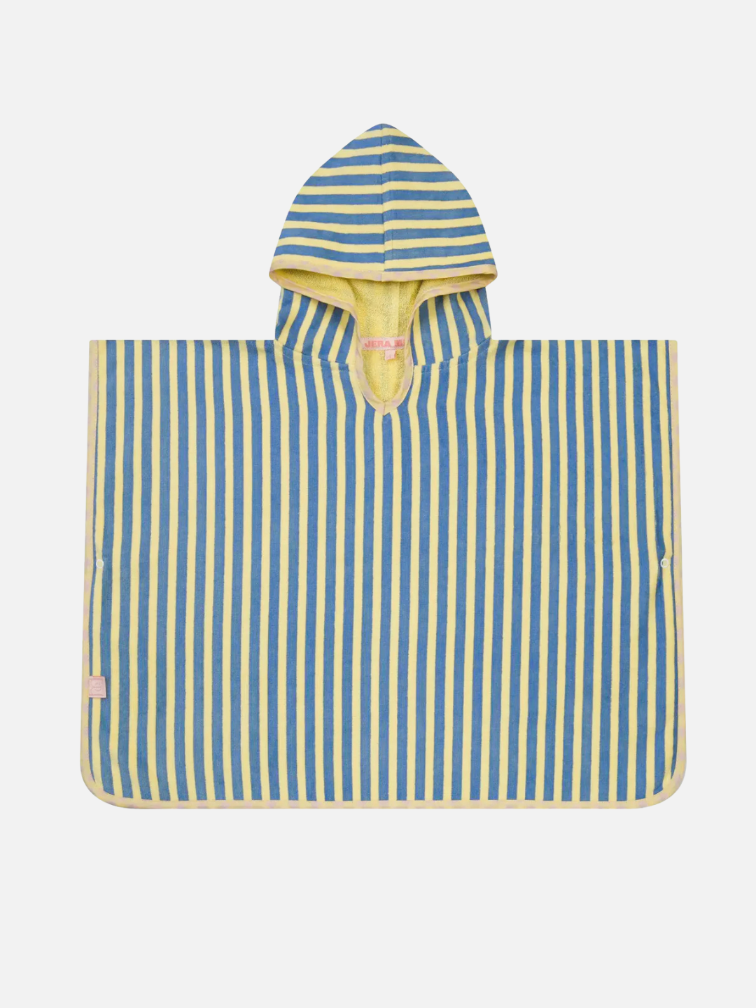 The STRIPED PONCHO features vertical blue and yellow stripes and is OEKO-TEX certified. Shown flat on a white background, this kids bath poncho offers comfort and vibrant style.