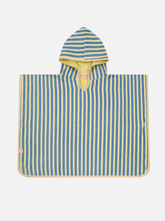 Image of Yellow | The STRIPED PONCHO features vertical blue and yellow stripes and is OEKO-TEX certified. Shown flat on a white background, this kids bath poncho offers comfort and vibrant style.