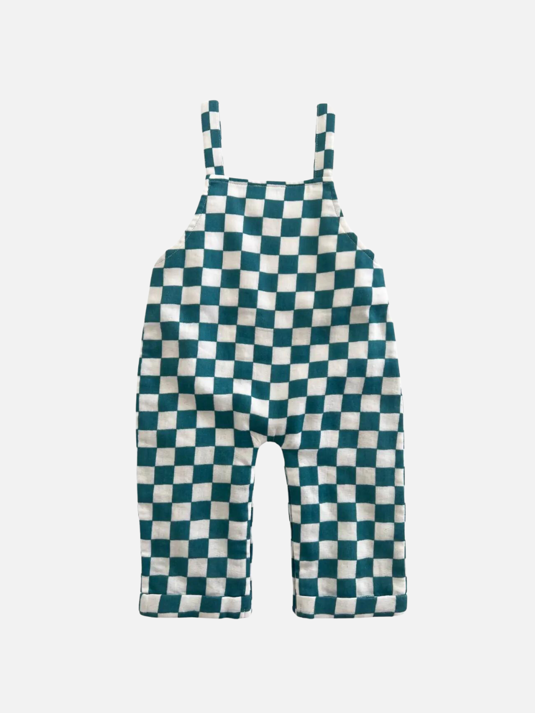 A pair of kids' overalls in aquamarine and white check, back view
