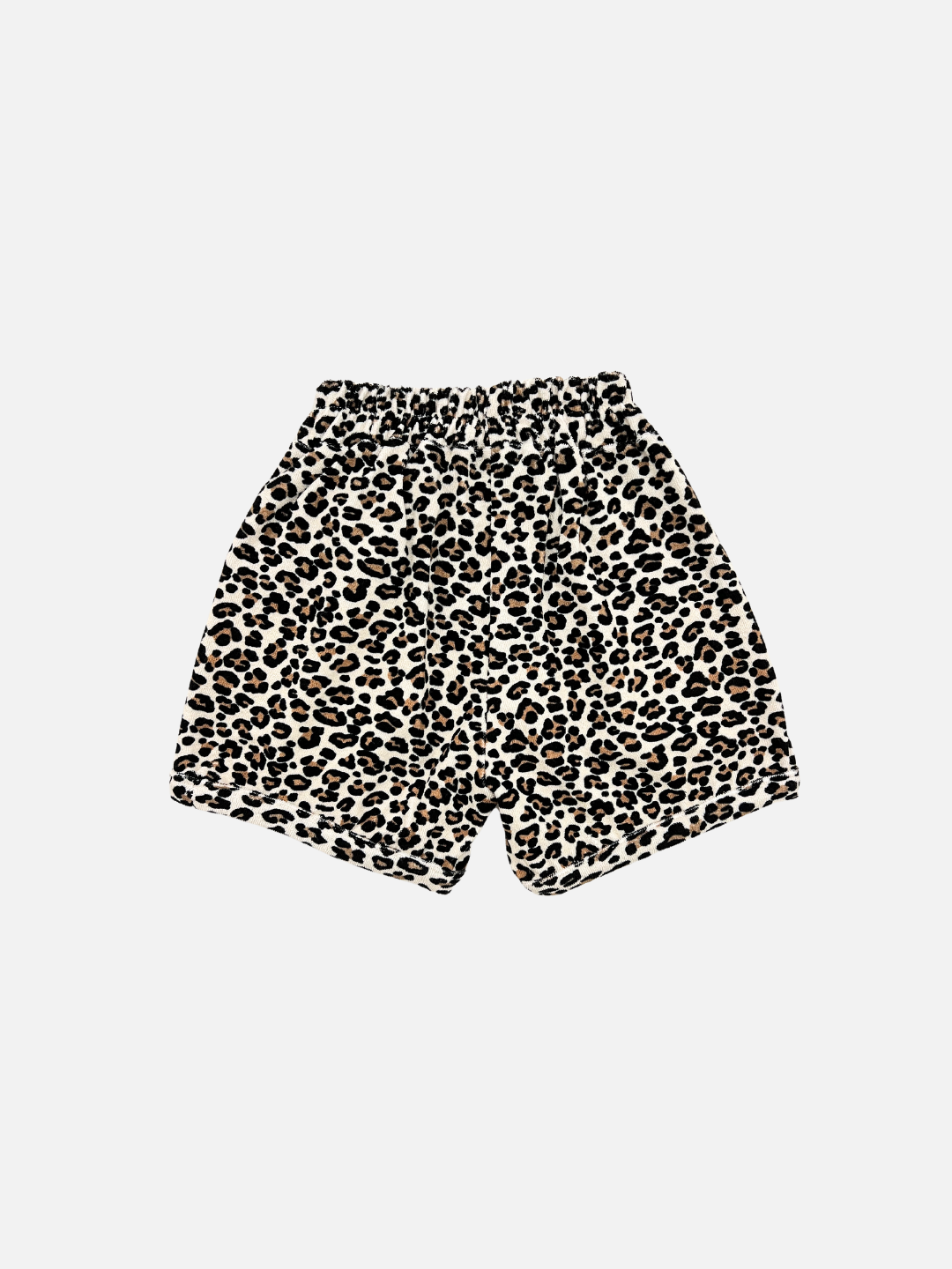 Back view of the kids' Leopard print terrycloth shorts. 