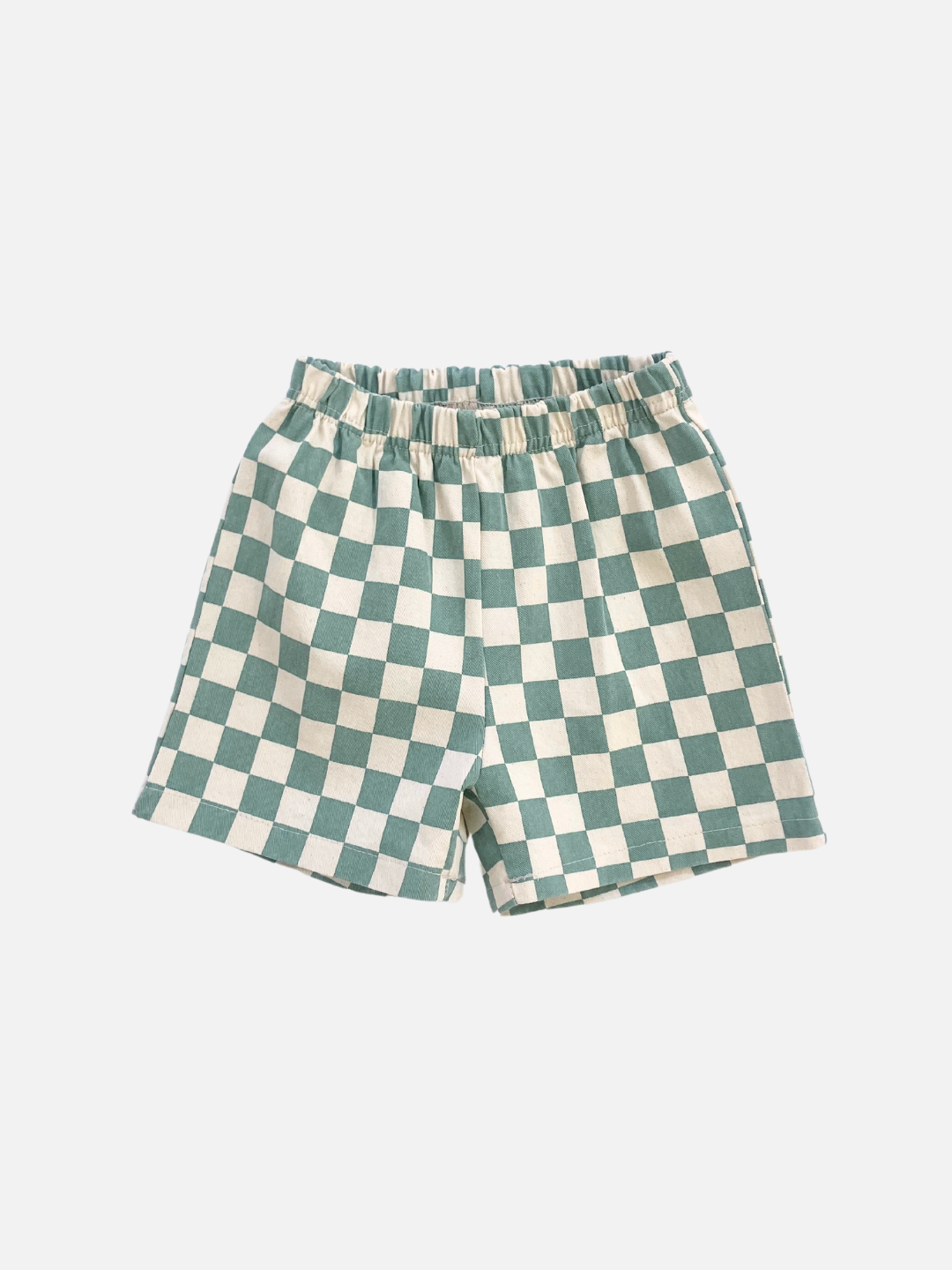 A front view of the kid's Frankie Short in Teal & Ivory check