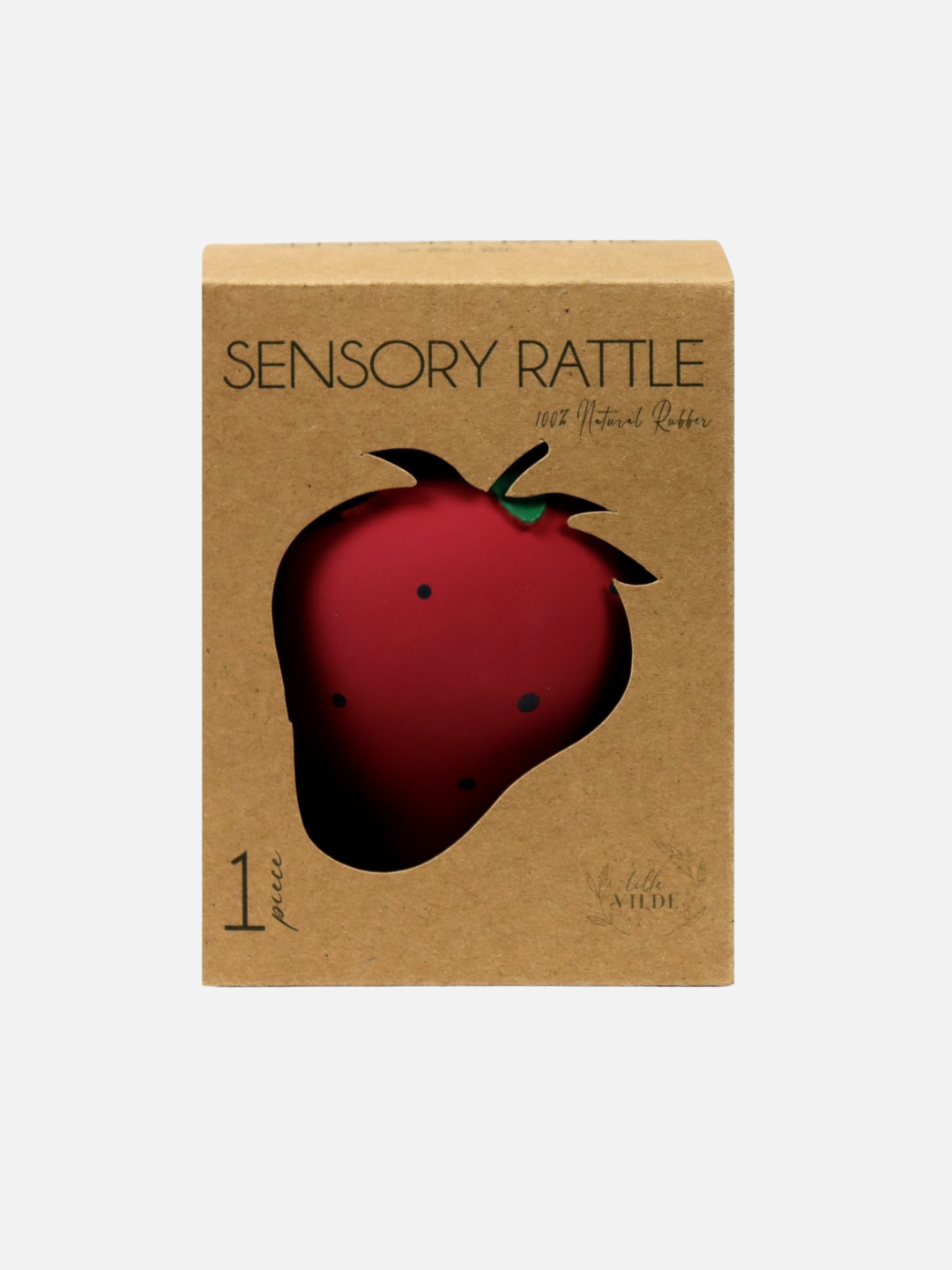 STRAWBERRY | A brown cardboard box with a strawberry-shaped cutout reveals a red BERRY RATTLE TEETHER inside. The box text reads “Sensory Rattle” and indicates 100% handmade natural rubber toys, perfect for soothing sore gums.