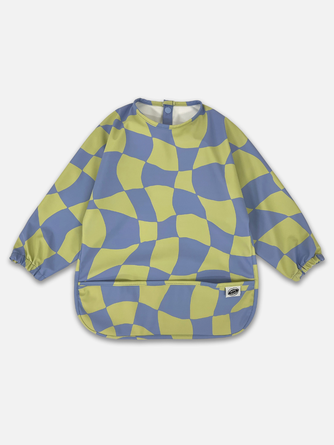 A front view  of the long sleeve light green and blue wavy checked bib with a front pocket.