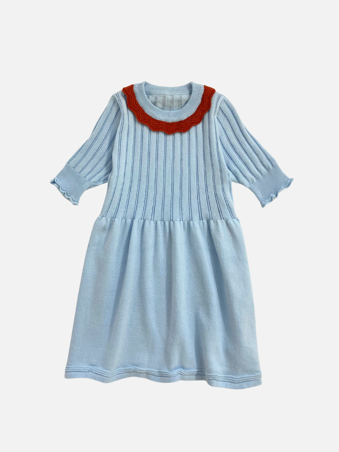 Sky Blue | Front view of the kid's Marlowe knit dress in Sky Blue with a quarter sleeve length and brick contrast collar 
