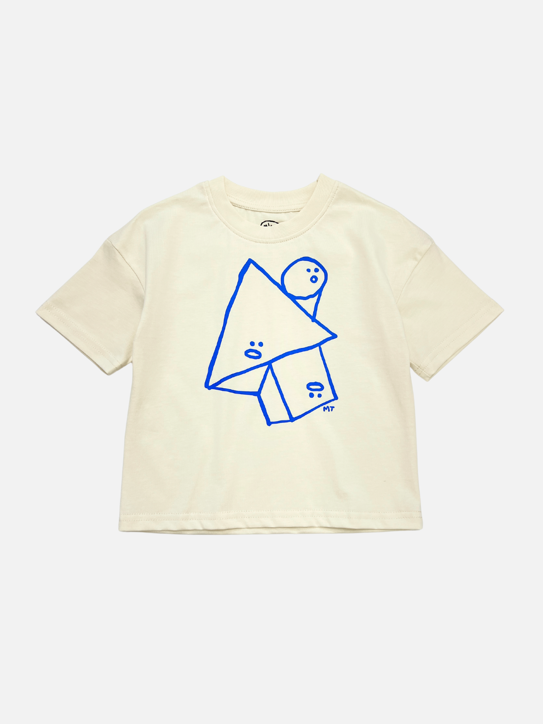 A front view of the kids' Jumble Tee with blue shapes outline with funny faces in the center.