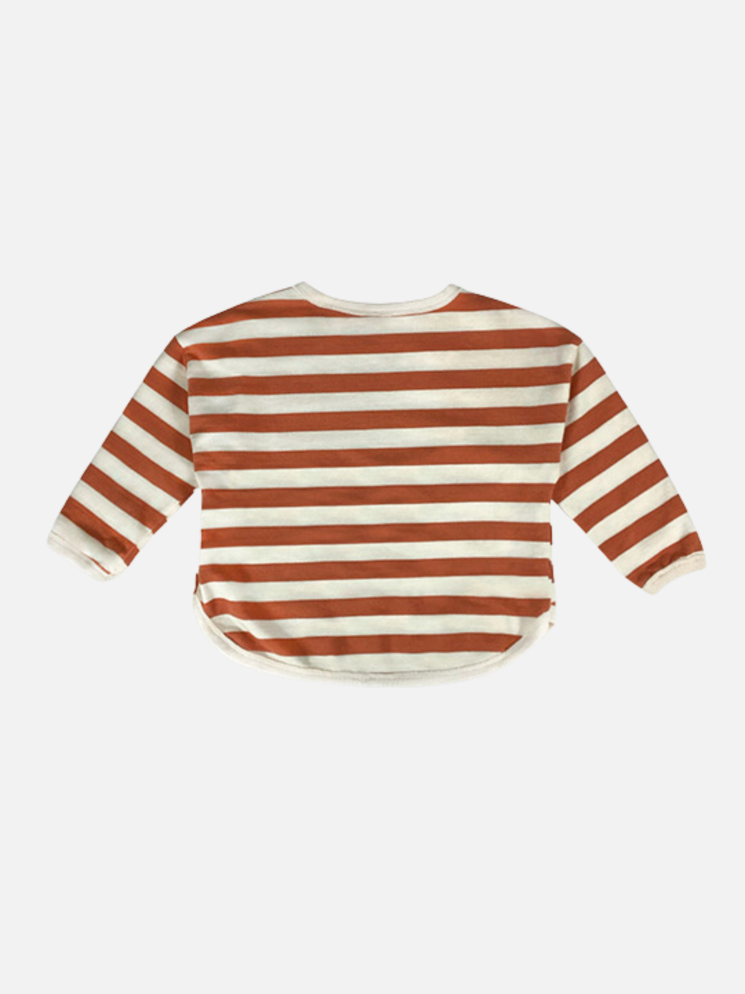 A kids' tee shirt with a curved hem in stripes of peaches and cream, back view