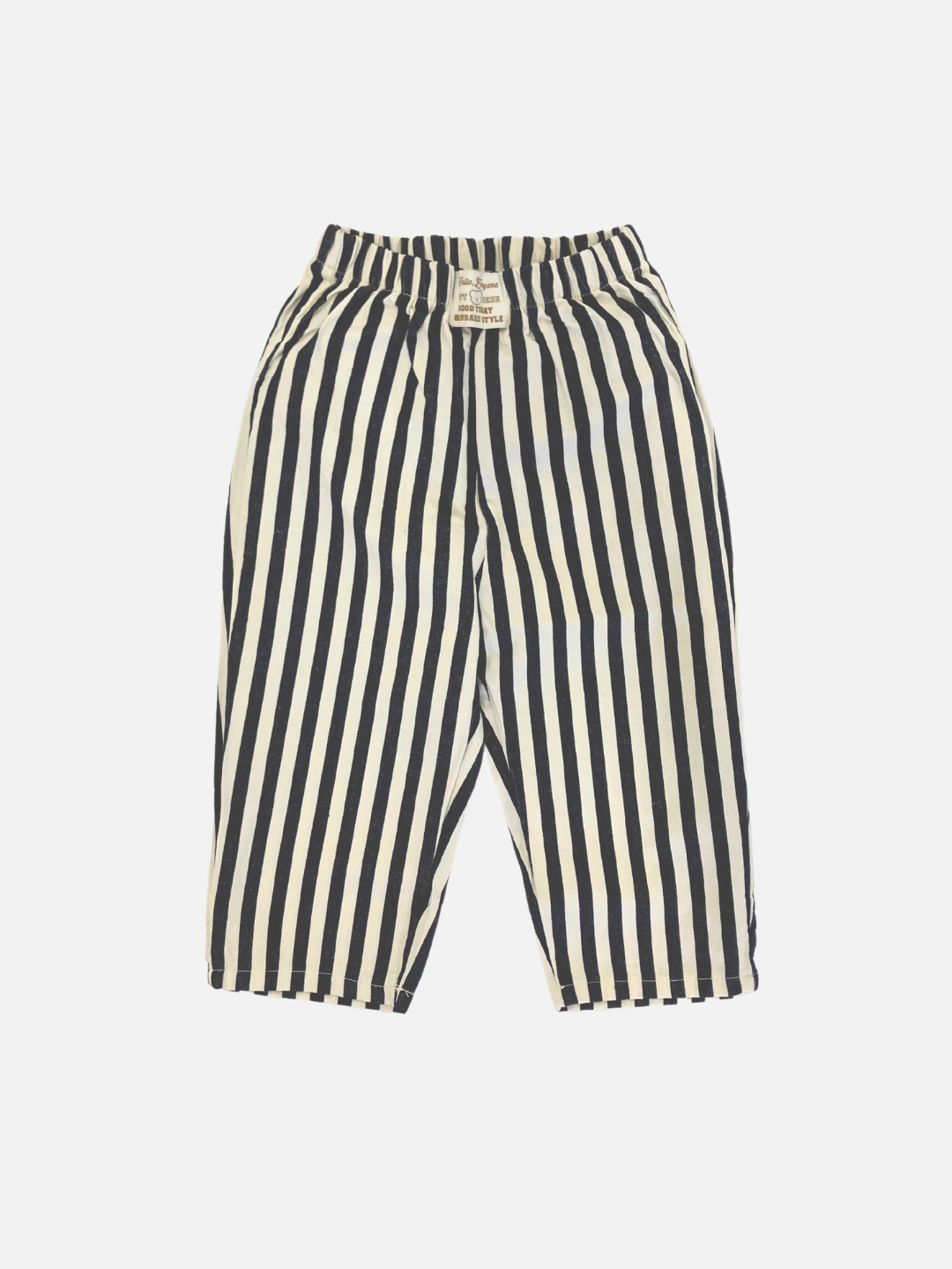 Navy | PONY STRIPE PANTS in navy with vertically striped cotton twill, featuring a relaxed fit and an elasticated waistband, laid flat on a white background.