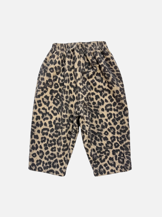 Image of Light | LEOPARD CORDUROY PANTS: Child-sized cotton corduroy pants with a leopard print and elastic waistband from a popular Korean brand, shown on a white background.