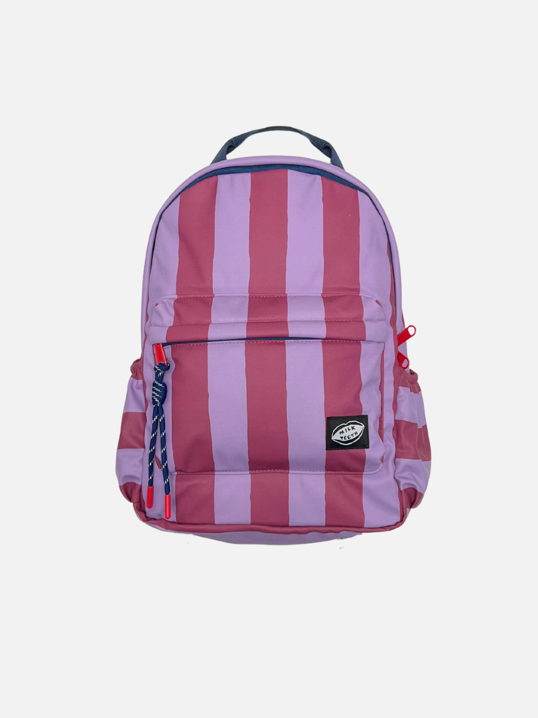 Purple Stripe | A kids backpack featuring vertical maroon and purple stripes, with a navy top handle, a front zippered pocket, and a black Milk Teeth logo patch on the pocket.