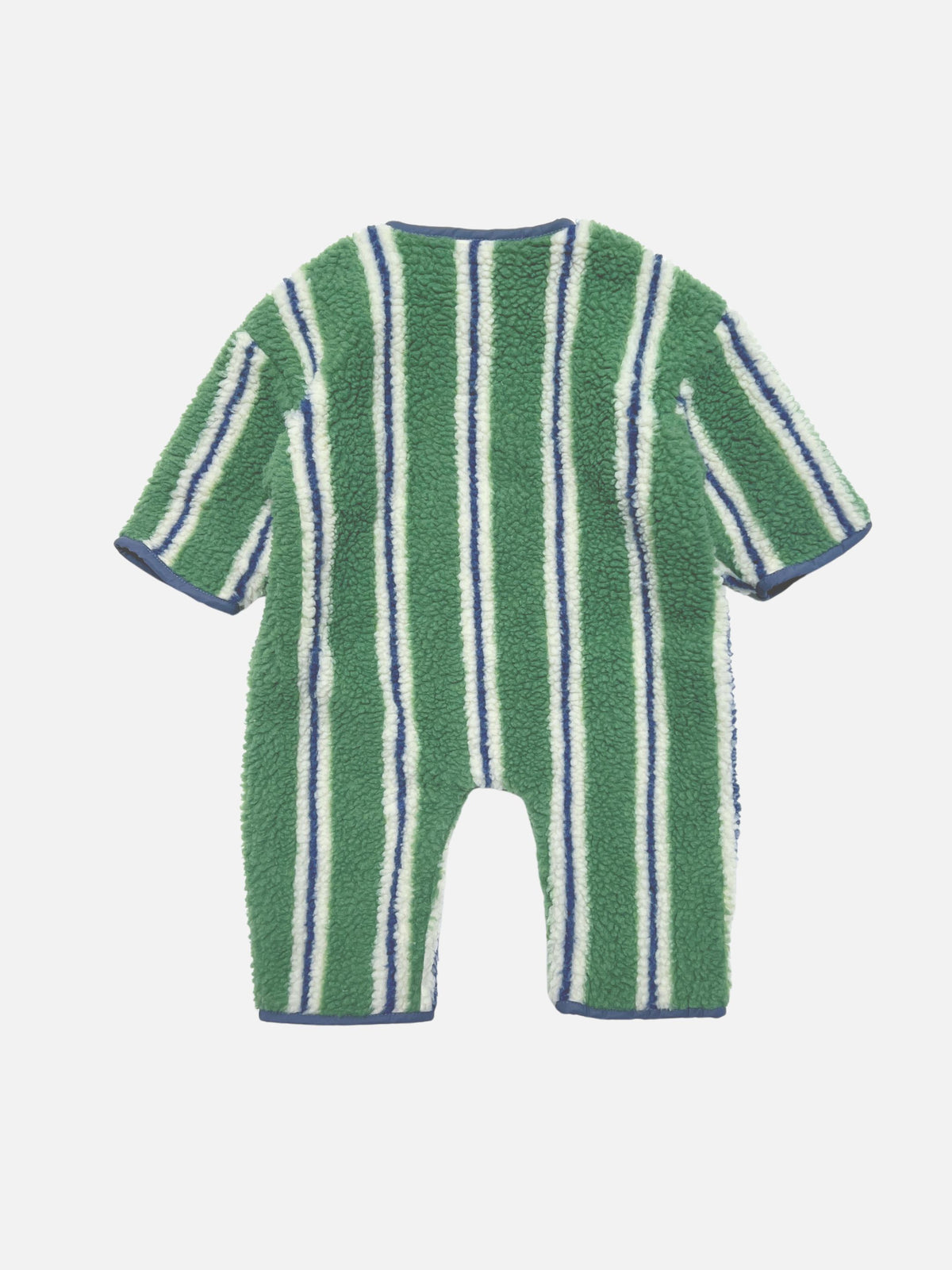 STRIPE SHERPA FLEECE STROLLER SUIT in green, white, and blue vertical stripes made of textured sherpa fleece.