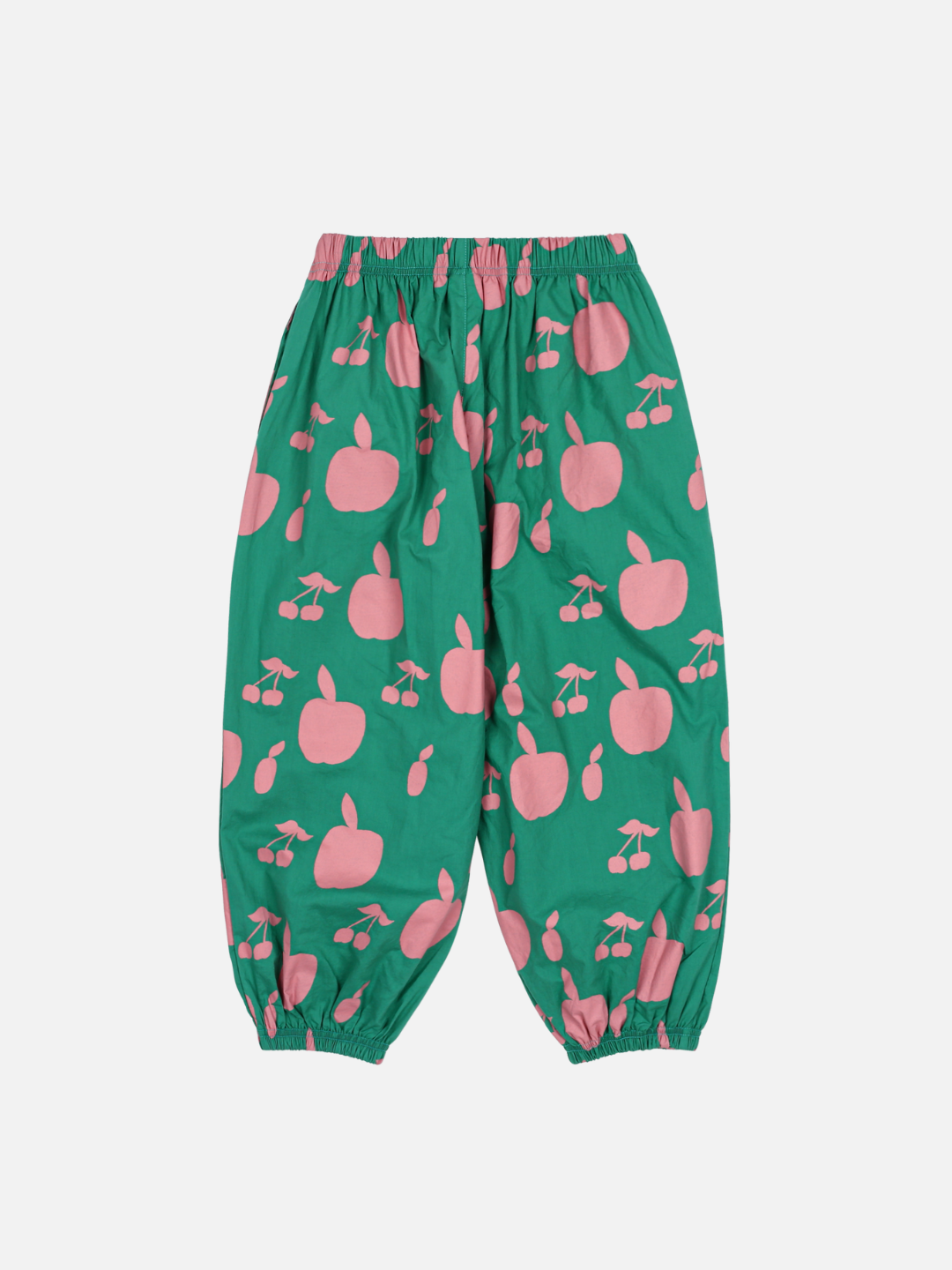 FRUIT LOUNGE PANTS: Green pants with an elastic waistband and cuffs, adorned with pink apple and cherry patterns, set against a white background.