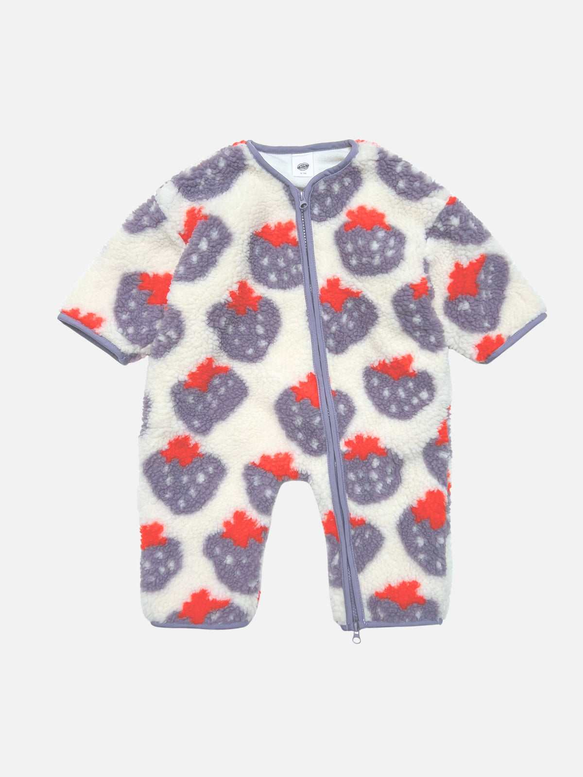 Cream-colored STRAWBERRY SHERPA FLEECE STROLLER SUIT for infants with a purple strawberry print and a front zipper.