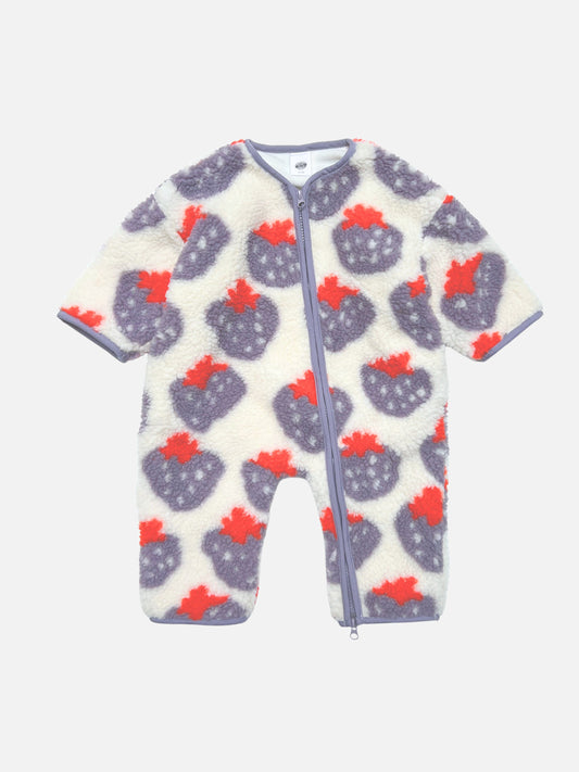 Image of Cream-colored STRAWBERRY SHERPA FLEECE STROLLER SUIT for infants with a purple strawberry print and a front zipper.