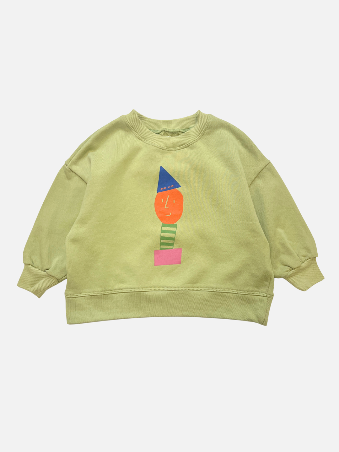 Light green STACKED POTATO SWEATSHIRT featuring an oversized fit and a colorful abstract face design with geometric shapes in orange, blue, green, and pink on the front.