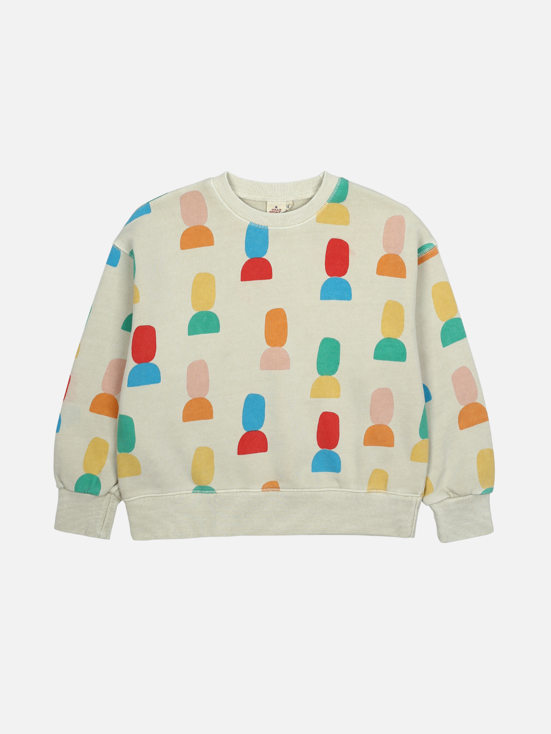 The SHAPE PIGMENT SWEATSHIRT is a cream-colored top adorned with a pattern of stylized, multicolored abstract human figures, meticulously designed for ultimate comfort.