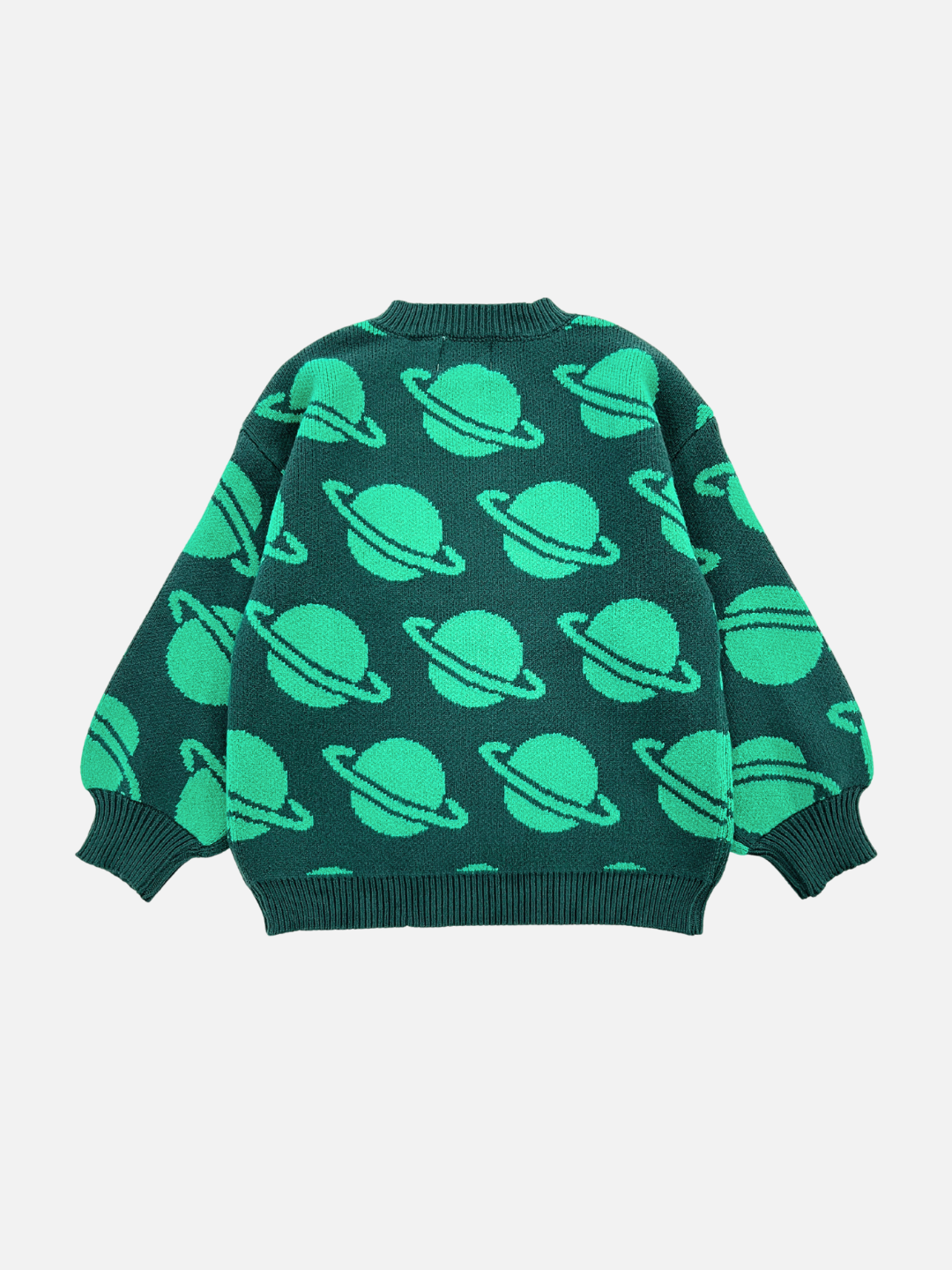 Green | The SPACE CAMP SWEATER is a dark green knit featuring a repeating pattern of light green Saturn-like planets. Check the photos and description for more details and measurements.