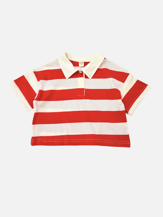 Image of Red | The RUGBY COLLAR TEE is a short-sleeved, red and white striped polo with a collar and two buttons, made from 100% cotton by a popular Korean kids brand, shown laid flat on a white background.