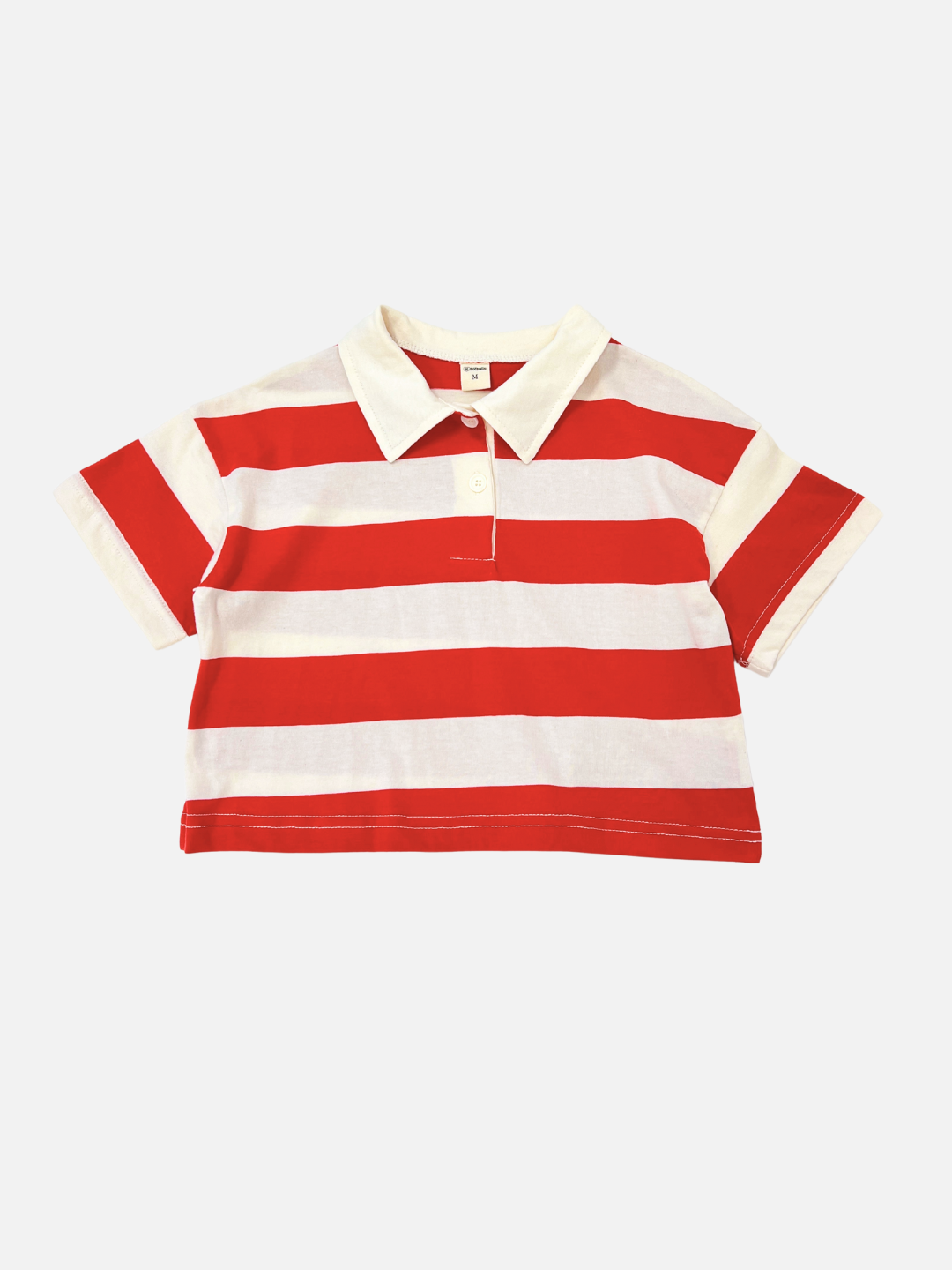 Red | The RUGBY COLLAR TEE is a short-sleeved, red and white striped polo with a collar and two buttons, made from 100% cotton by a popular Korean kids brand, shown laid flat on a white background.