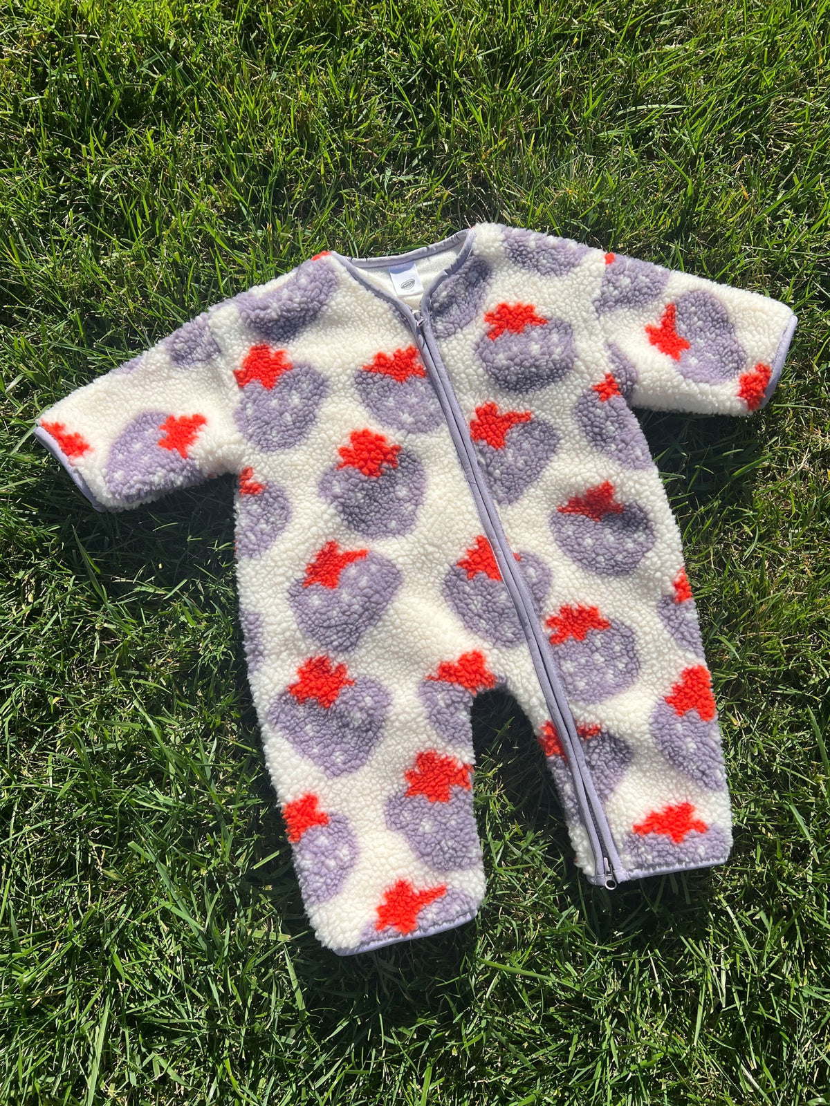 STRAWBERRY SHERPA FLEECE STROLLER SUIT, an infant’s long-sleeve sherpa fleece onesie with a purple and red strawberry pattern and a front zipper.