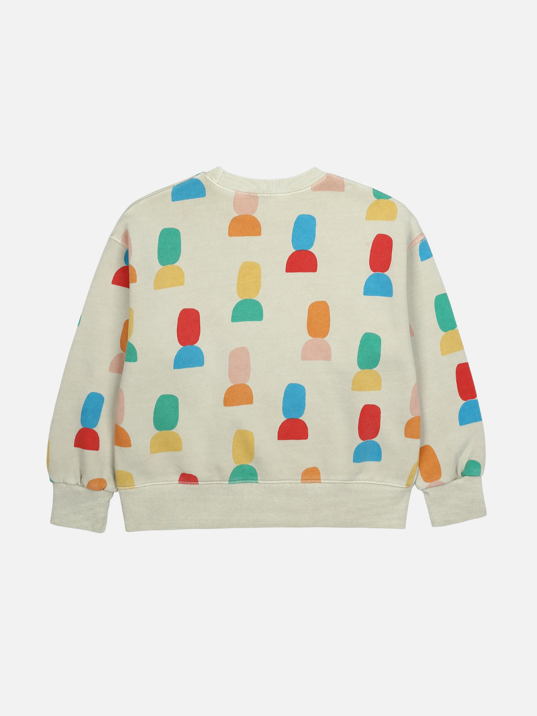 The SHAPE PIGMENT SWEATSHIRT, featuring a beige base adorned with a vibrant, abstract pattern of red, blue, green, and orange shapes on the front and sleeves, is laid flat on a white background for easy merchandising.