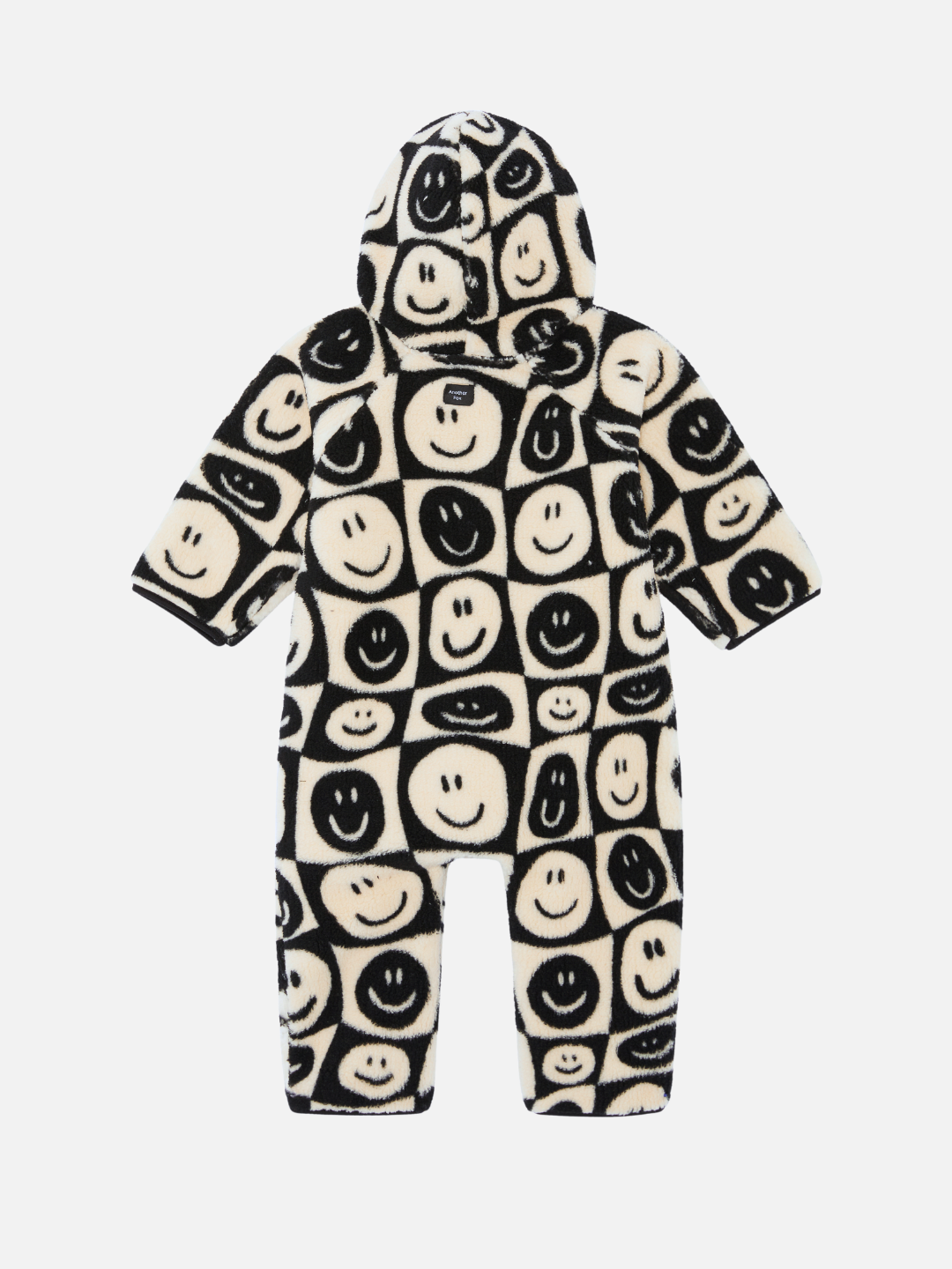 Discover our new arrival: the FACE CHECKER STROLLER SUIT, a hooded baby onesie featuring a delightful black and white smiley face pattern, perfect for adding a touch of joy to your baby's clothing collection.