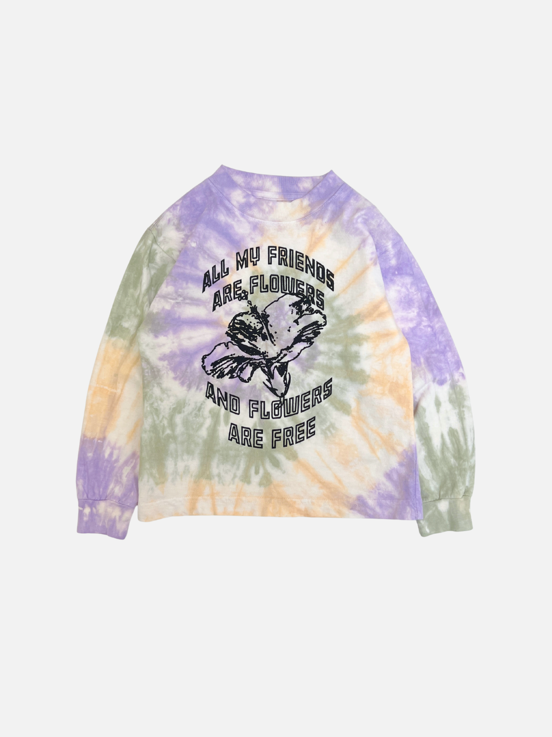 The ALL MY FRIENDS LONGSLEEVE is a multi-colored tie-dye long sleeve shirt with butterflies and "ALL MY FRIENDS ARE FLOWERS AND FLOWERS ARE FREE" graphic on the back.