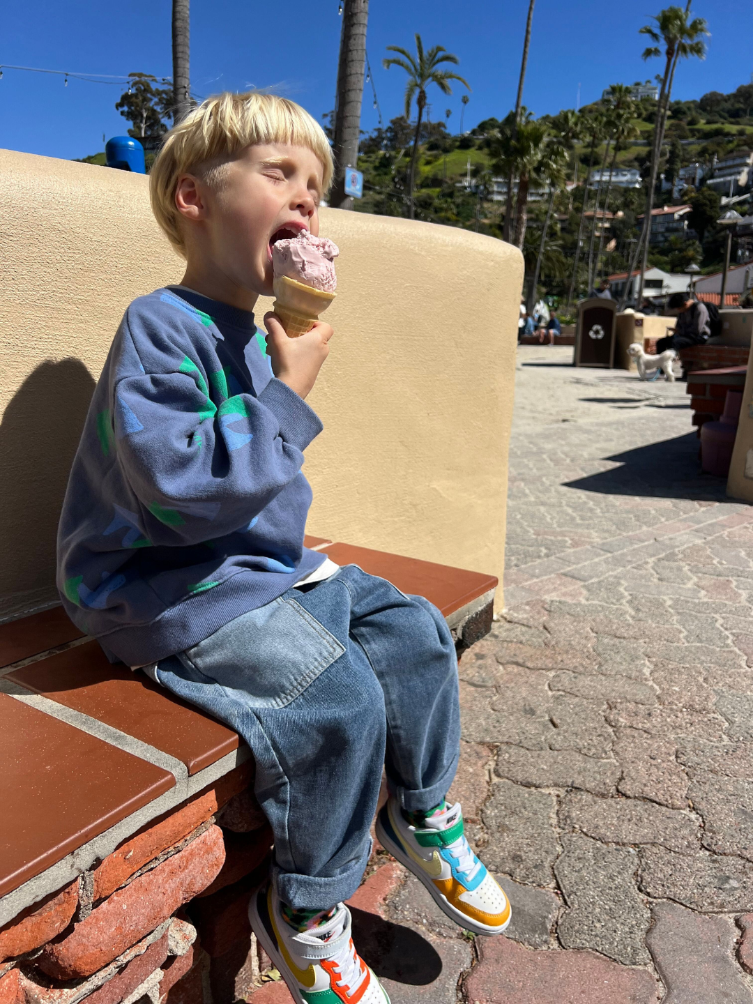 A child wearing the double trouble kids jeans in medium blue denim with lighter blue patch pockets. They have short blond hair, and are wearing a blue sweatshirt and white sneakers with colorful trim, eating an ice cream cone on an outdoor bench with blue sky and palm trees.