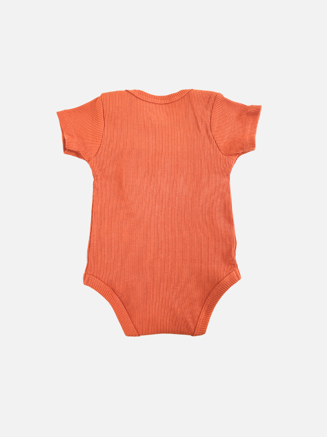 Orange | Laid flat on a white background, the orange short-sleeve onesie is a ribbed cotton piece from Milk Teeth.